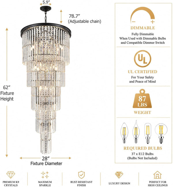 Large Black Chandelier Light Fixtures - 37 Lights, Modern Crystal Chandeliers for Hotel, Lobby, Foyer, Entrance Hall, Staircase4