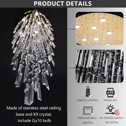 78'' Modern Crystal Chandelier High Ceiling Chandeliers for Entryway Large Raindrop Chandeliers LED Dimmable Flush Mount Light Fixtures for Staircaes Foyer Hallway Living Room LED Bulbs Included Gold2