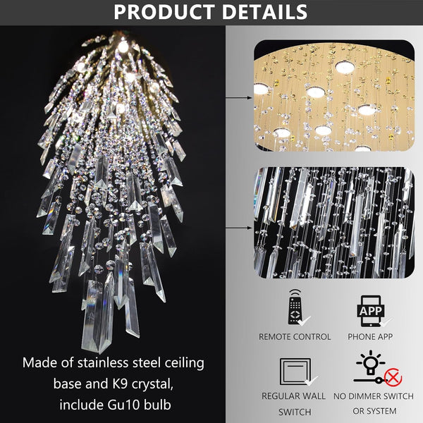 78'' Modern Crystal Chandelier High Ceiling Chandeliers for Entryway Large Raindrop Chandeliers LED Dimmable Flush Mount Light Fixtures for Staircaes Foyer Hallway Living Room LED Bulbs Included Gold2
