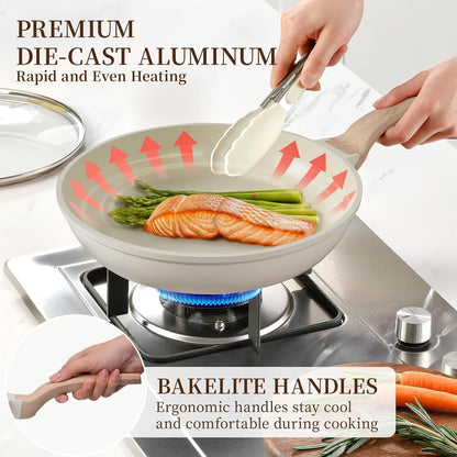 16Pcs Ceramic Pots and Pans Set Non Stick, Includes a 9.5" Grill Pan, Induction Kitchen Cookware Sets, White Nonstick RV Kitchen Camping Cooking Sets Stackable (PTFE, PFOS, PFOA Free)5