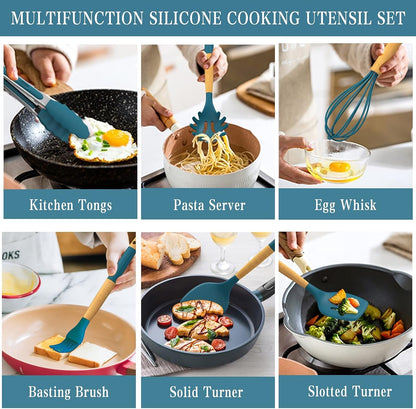 33 PCS Silicone Kitchen Utensils Set,  Heat Resistant Cooking Utensils Set with Holder, Wooden Handle Kitchen Gadgets Tools Spatula for Nonstick Cookware4