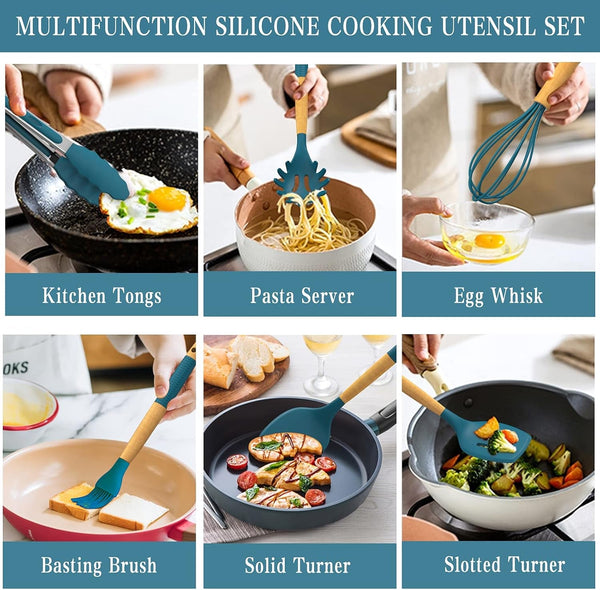 33 PCS Silicone Kitchen Utensils Set,  Heat Resistant Cooking Utensils Set with Holder, Wooden Handle Kitchen Gadgets Tools Spatula for Nonstick Cookware4
