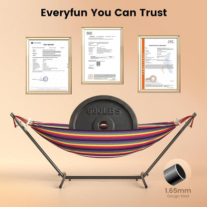 Double Hammock with Stand for 2 Person, 600 Lbs Heavy Duty Cotton Bed with Steel Stand, Free Standing for Outdoor Indoor Patio, Carrying Bag Included7