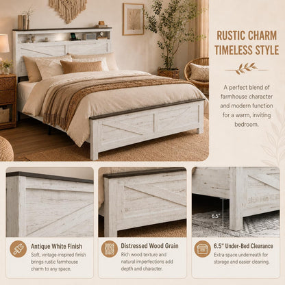 Full Size Bed Frame with LED Lights, USB Charging Station, Storage Headboard, Metal Platform, No Box Spring5