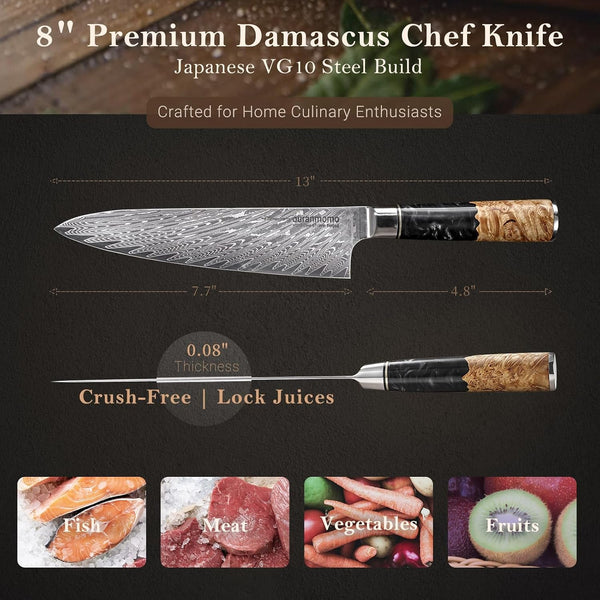 8 Inch Damascus Chef Knife with Stabilized Wood Epoxy Handle6