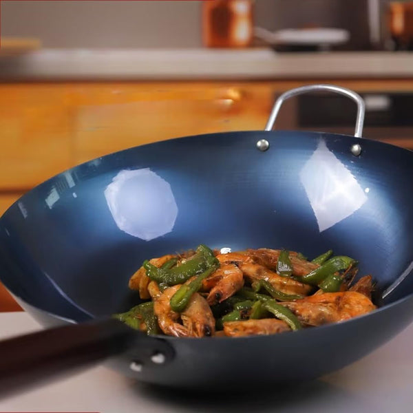 13.5" Pre-Seasoned Blue Carbon Steel Wok – Flat Bottom Stir Fry Pan with Stay-Cool Ergonomic Wood Handle | Restaurant-Quality Wok Hei for Induction, Gas & Electric Stovetops4