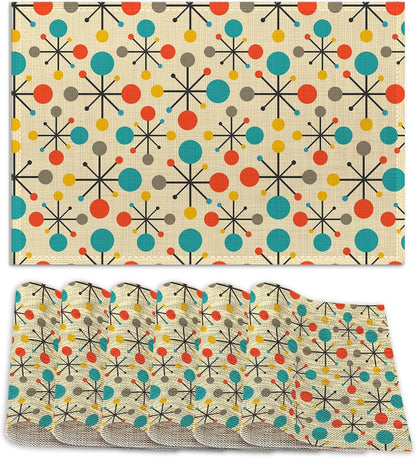Mid Century Fifties Modern Atomic Retro Placemats Set of 6,12X18 Inch Table Mats for Kitchen Table Washable Farmhouse Linen Table Mats Dining Decoration1