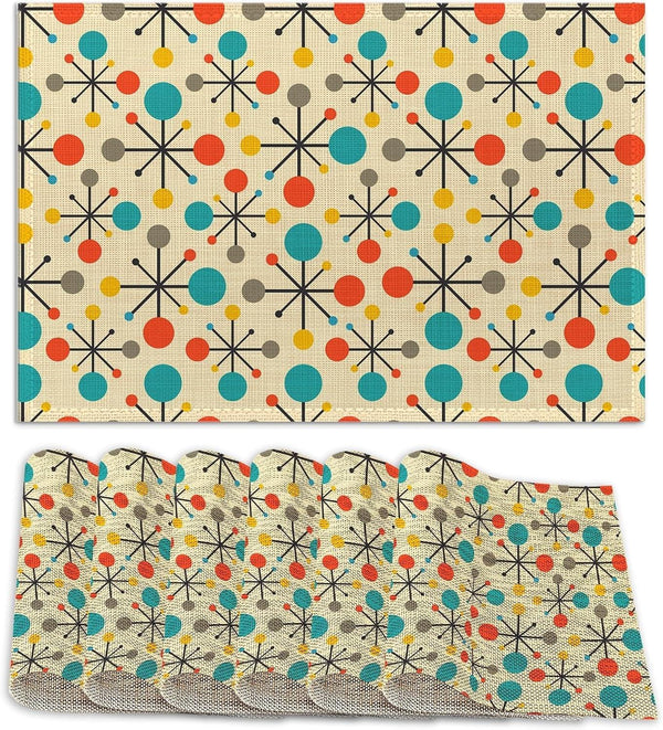 Mid Century Fifties Modern Atomic Retro Placemats Set of 6,12X18 Inch Table Mats for Kitchen Table Washable Farmhouse Linen Table Mats Dining Decoration1