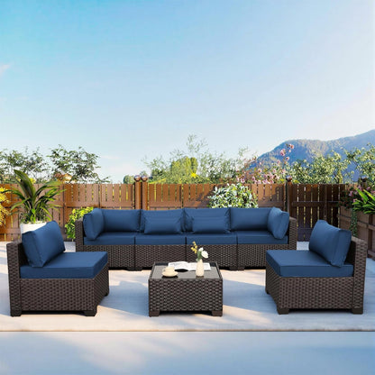 Outdoor Patio Furniture Set 7 Pieces Wicker Sectional Sofa Brown Rattan Conversation Couch with Coffee Table, Anti-Slip Thick Nave Blue Cushion1