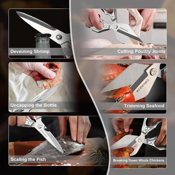 Huusk Viking Japanese Meat Cleaver with Silver Heavy Duty Kitchen Scissors Set8