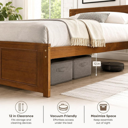 Walnut Full Size Wood Bed Frame with Headboard Under-Bed Storage Space7