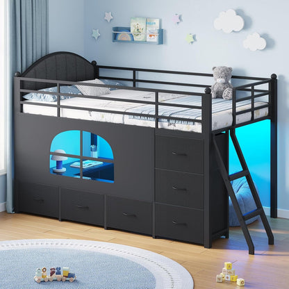 Twin Loft Bed with 8 Storage Drawers, LED Lights, Upholsterd Headboard, Inclined Ladder & Play Curtain, Kids Loft Bed with Safety Guardrail, Under-Bed Play Area, Black1