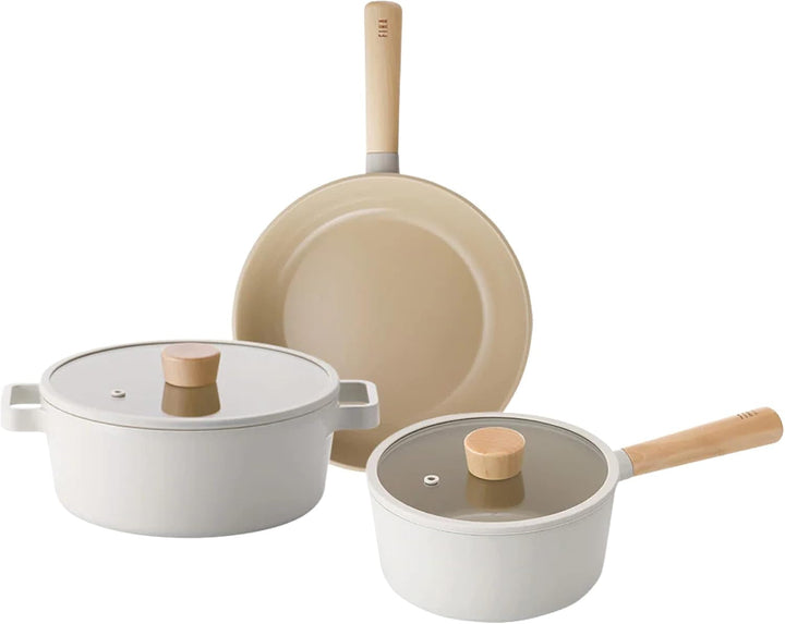 FIKA 5-Piece Ceramic Coated Nonstick Pots and Pans Set with Glass Lids, 18Cm Saucepan, 24Cm Frying Pan and Stockpot, Natural Wood Accents, Induction Compatible Cookware, Made in Korea