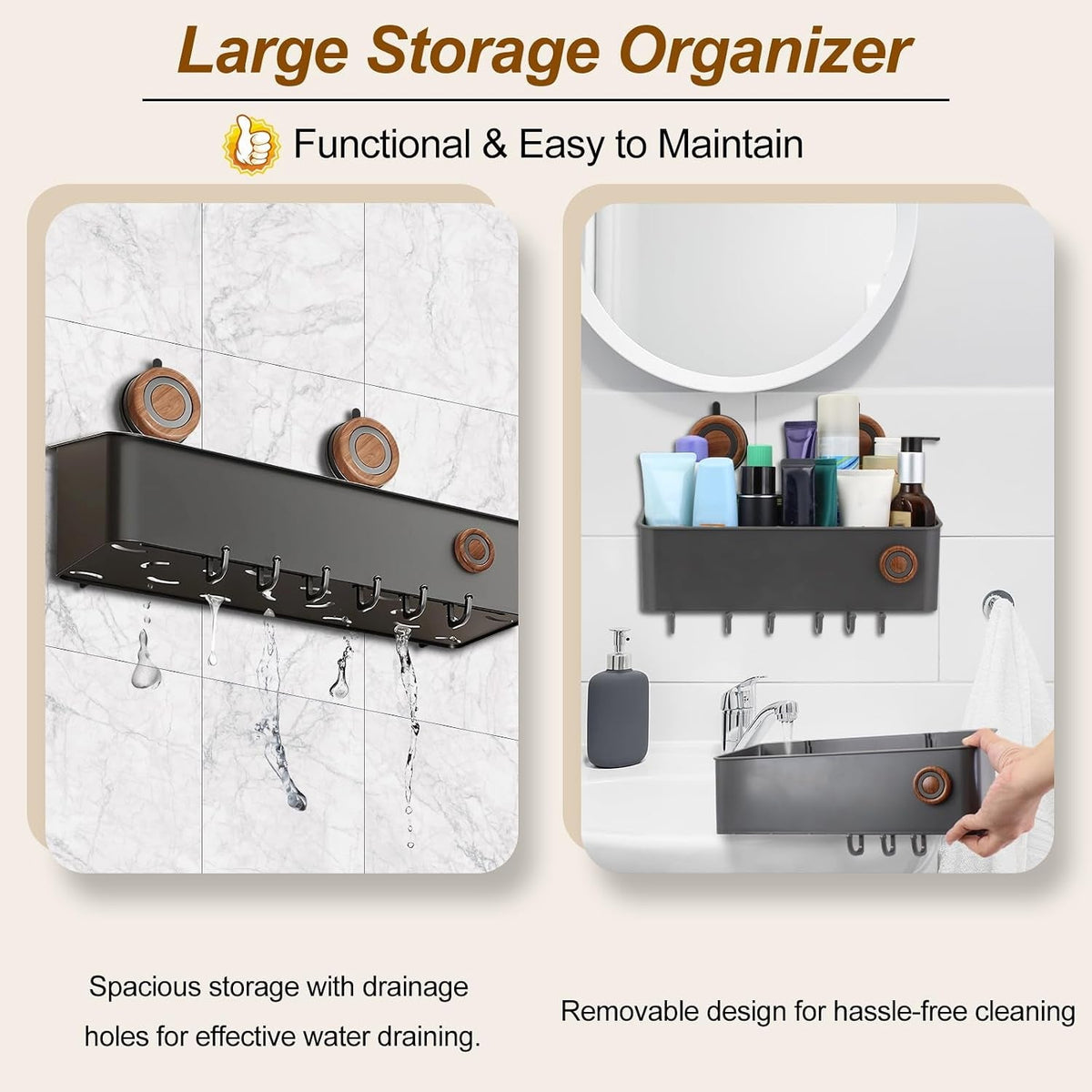 shower-caddy-suction-cup-removable-waterproof-bathroom-organizer-shower-shelf-with-drainage-suction-plastic-storage-for-inside-shower-shampoo-bathroom-accessories-holder-gray-mahogany-l