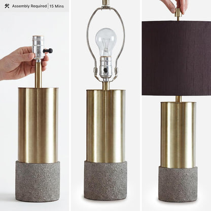 Signature Design by Ashley Jacek Contemporary Table Lamp Set of 2 | Textured Faux Concrete and Brass-Finished Metal, Black Drum Shade with Goldtone Foil Interior, Living Room and Bedside Use3