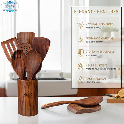 Wooden Spoons for Cooking - 9 Pieces Natural Teak Wood Kitchen Utensils Set with Utensil Holder & Spoon Rest - Durable Heat Resistant, Safe, Smooth Curved Grip - Non-Scratch & Non-Stick Spatula6