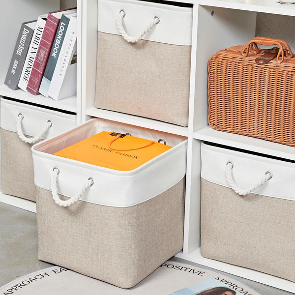 13 X 13 Inch Cube Storage Bins,Storage Cubes for Shelves，Foldable Organizer Boxes with Handles, Decorative Storage Basket for Organizing Clothes, Toys, Books(White&Beige)4
