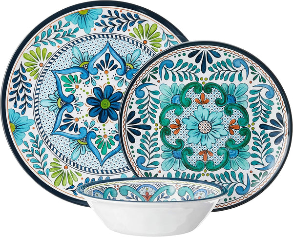 Talavera Melamine 12-Piece Dinnerware Set – Multicolored Plates and Bowls for 4, Spanish Tile-Inspired, Durable, Lightweight, Shatterproof, Dishwasher Safe, Indoor Outdoor Tableware2