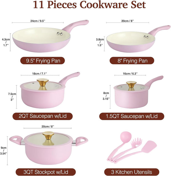 Pots and Pans Set Non Stick, 11Pcs Pink Ceramic Cookware Set | Compact Nonstick Cooking Set, Induction Cookware Set, PFOA & PFAS Free, Non-Toxic, Easy Food Release, Easy to Clean2