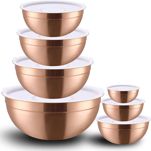 Rose Gold Mixing Bowls with Lids Set of 7, Stainless Steel Nesting Bowl with Khaki Lid for Non-Slip Mixing Prepping Storing Serving, 7 Sizes-7/3.6/2.7/2.1/1.5/1/0.8 QT1