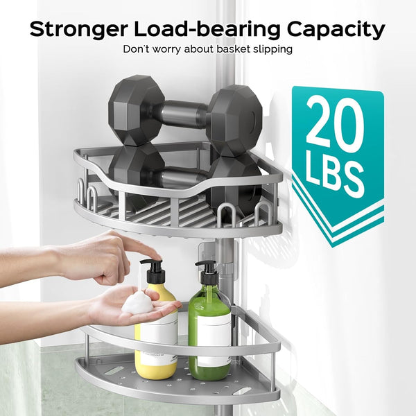 Corner Shower Caddy Tension Pole: Rustproof Stable 4-Tier Bathroom Organizer Shelves for Bathtub Shampoo Storage - 47-121 Inch Quick Install Adjustable Shelf with Soap Rack - Silver Gray3