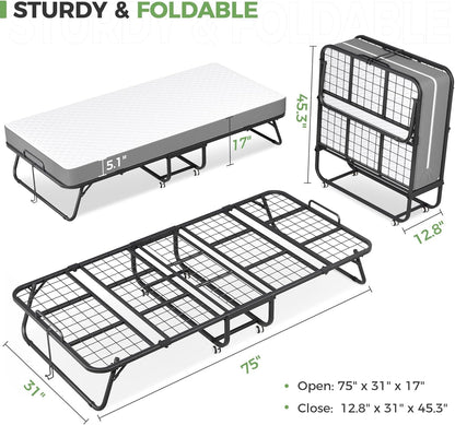 Folding Bed with Mattress, 75" X 31" Portable Rollaway Bed for Adults with 5" Memory Foam Mattress, Heavy Duty Metal Frame, Space Saving Guest Bed with Wheels3