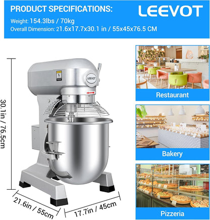 Commercial Food Mixer 30Qt with 3-Speed Adjustment, 1250W Commercial Mixer with Timer, Heavy Duty. Commercial Dough Mixer with Stainless Steel Bowl, Suitable for Bakeries and Pizzerias7