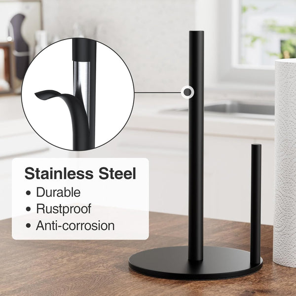 Paper Towel Holder Black, Premium Stainless Steel Kitchen Roll Dispenser, Countertop Roll Organizer with Weighted Base3