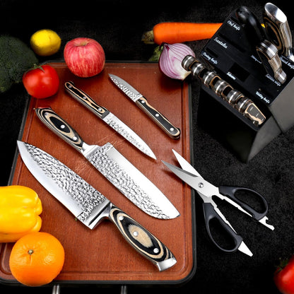 Knife Sets for Kitchen,15-Piece Hammered Desgin Knife Set with Block and Sharpener, High Carbon Stainless Steel Chef Knives with Grey Triple Rivet Handle, Ultra Sharp and Dishwash Safe6