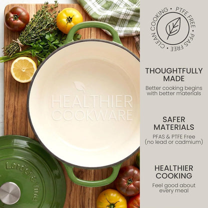5.7 Qt Enameled Cast Iron Dutch Oven Pot with Lid, Okra | round Cocotte for Sourdough Bread Baking, Soups, Stews & Slow Cooking. Oven Safe to 500°F, Induction Compatible.5