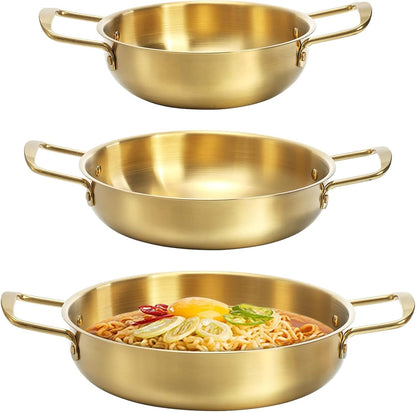 Set of 3 Korean Ramen Noodle Pot with Handles, Stainless Steel Everyday Pan, Golden Korean Cooking Pot for Soup, Noodle, Pasta, Home and Outdoor, Dishwasher Safe, Size 7", 8.7", 9.5"1