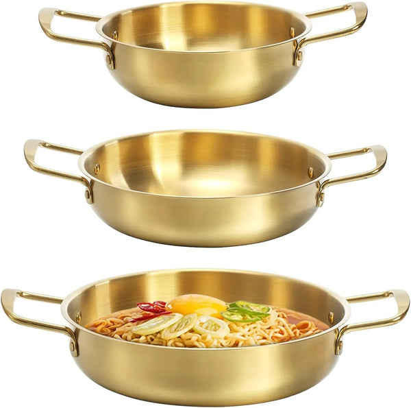 Set of 3 Korean Ramen Noodle Pot with Handles, Stainless Steel Everyday Pan, Golden Korean Cooking Pot for Soup, Noodle, Pasta, Home and Outdoor, Dishwasher Safe, Size 7", 8.7", 9.5"1