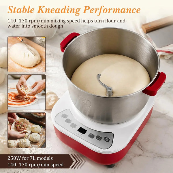 Electric Dough Maker, 7L Large Capacity with Ferment Function, Automatic Dough Kneading Machine, 304 Stainless Steel Bowl for Bread, Noodles, Dumplings, Pizza Dough (Red)3