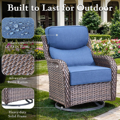 Luxury High Back Outdoor Furniture with 6-Inch Extra Thick Cushions, Patio Furniture Set with Swivel Chairs, 7 PCS Wicker Conversation Set for Yard, Deck, Poolside, Brown/Blue5