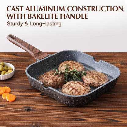 Nonstick Grill Pan for Stove Tops, Versatile Griddle with Pour Spouts, Square Big Cooking Surface, Durable Skillet Indoor & Outdoor Grilling. PFOA Free, 9.5 Inch8
