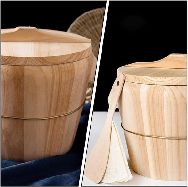Wooden Rice Steamer Bucket Natural Chinese Material Steamed Rice Barrel with Lid Spoon Cloth and Iron Handles Removable Bottom for Even Cooking and Easy Cleaning 8.26 X 6.49 X 6.49 In3