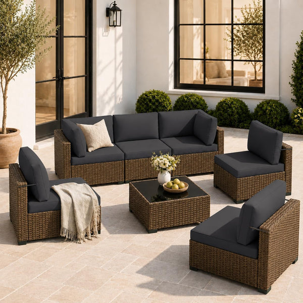 7 Piece Outdoor Patio Furniture Set, Outdoor Sectional Sofa, Wicker Rattan Patio Furniture, Patio Conversation Set with Coffee Table & Cushions1