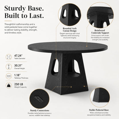 47" Black round Dining Table Set for 6, round Dining Room Table Set for 6 with Tufted Nailhead Chairs, Arched Pedestal Base, Modern Farmhouse Dining Table Set for Kitchen & Entertaining4