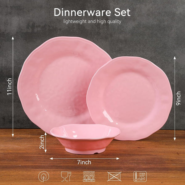 18 Piece Pink Dinnerware Set, Lightweight Kitchen Dining Plates and Bowls Set, Durable Melamine Dishes, Set of 6, Unbreakable RV Camping Dishes, Dishwasher Safe6