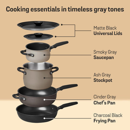 6Pc Stackable Set with Universal Lids | Hard Anodized Non Stick and Stainless Steel Pots and Pans | Induction Compatible | Dishwasher Safe | Oven Safe | Black & Gray | Accent Series Cookware6