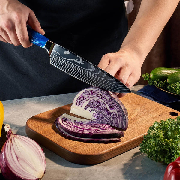 SENKEN 8-Piece Japanese Knife Set - Blue Resin Handle, Laser Damascus Blades - Chef'S, Santoku, Bread & Paring Knives3