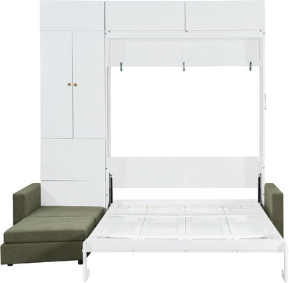 Wall Bed Queen Size with Sofa and Shelves,Multi-Functional Hideaway Murphy Bed W/Teddy Fleece Couches & Dual-Piston Metal Folding System Cabinet,Lock,Space Saving for Bedroom,Green7