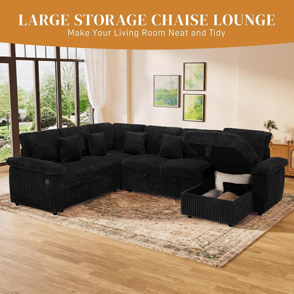 Modular Sectional Sleeper Sofa with Pull Out Bed, 104" U Shaped 7 Seat Cloud Sectional Couches for Living Room, Comfy Corduroy Couch Sofa Bed with Storage Chaise, USB Charging, Black5