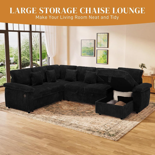 Modular Sectional Sleeper Sofa with Pull Out Bed, 104" U Shaped 7 Seat Cloud Sectional Couches for Living Room, Comfy Corduroy Couch Sofa Bed with Storage Chaise, USB Charging, Black5