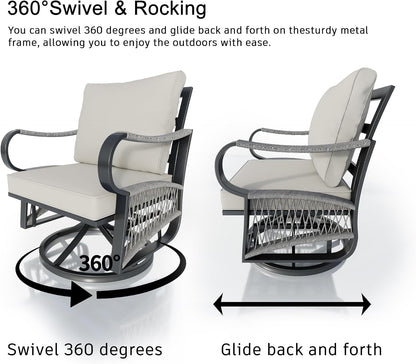 5 Pieces Outdoor Conversation Set, Rope Patio Furniture Sets Metal 2 Swivel Rockers with Side Table Loveseat Sofa with Coffee Table, Beige Cushions6