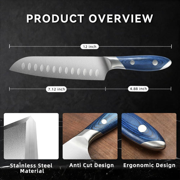 7 Inch Stainless Steel Kitchen Santoku Knife, Blue Pakkawood Handle3