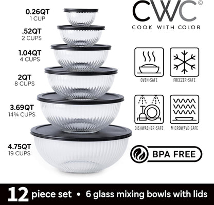 12 Pc Glass Mixing Bowl Set with Lids – Borosilicate Glass Nesting Bowls for Cooking, Baking and Meal Prep, Fluted Black3