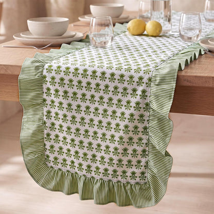 14 X 72 Inch Sage Green Floral Ruffle Table Runner Farmhouse1