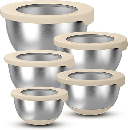 Stainless Steel Mixing Bowls with Lids – Set of 5 Large Nesting Metal Bowls for Kitchen, Baking, Cooking, Food Prep & Storage, Non-Slip Base, Dishwasher Safe,Khaki1