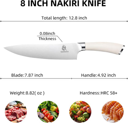 Professional White Chef Knife - 8 Inch High Carbon Stainless Steel Kitchen Knife with Ergonomic White Handle for Precise Cutting2